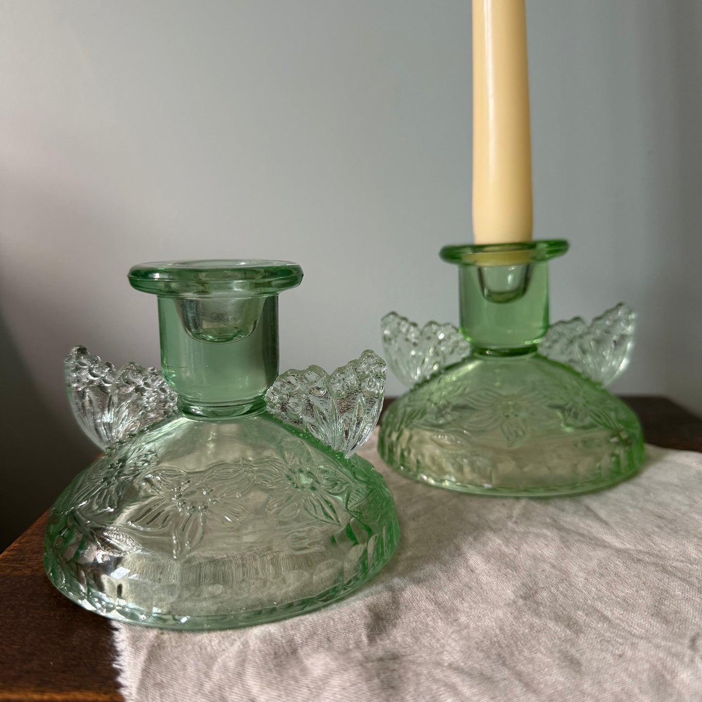 Sowerby 1930s Green Cut Glass Art Deco Butterfly Candlestick Holder