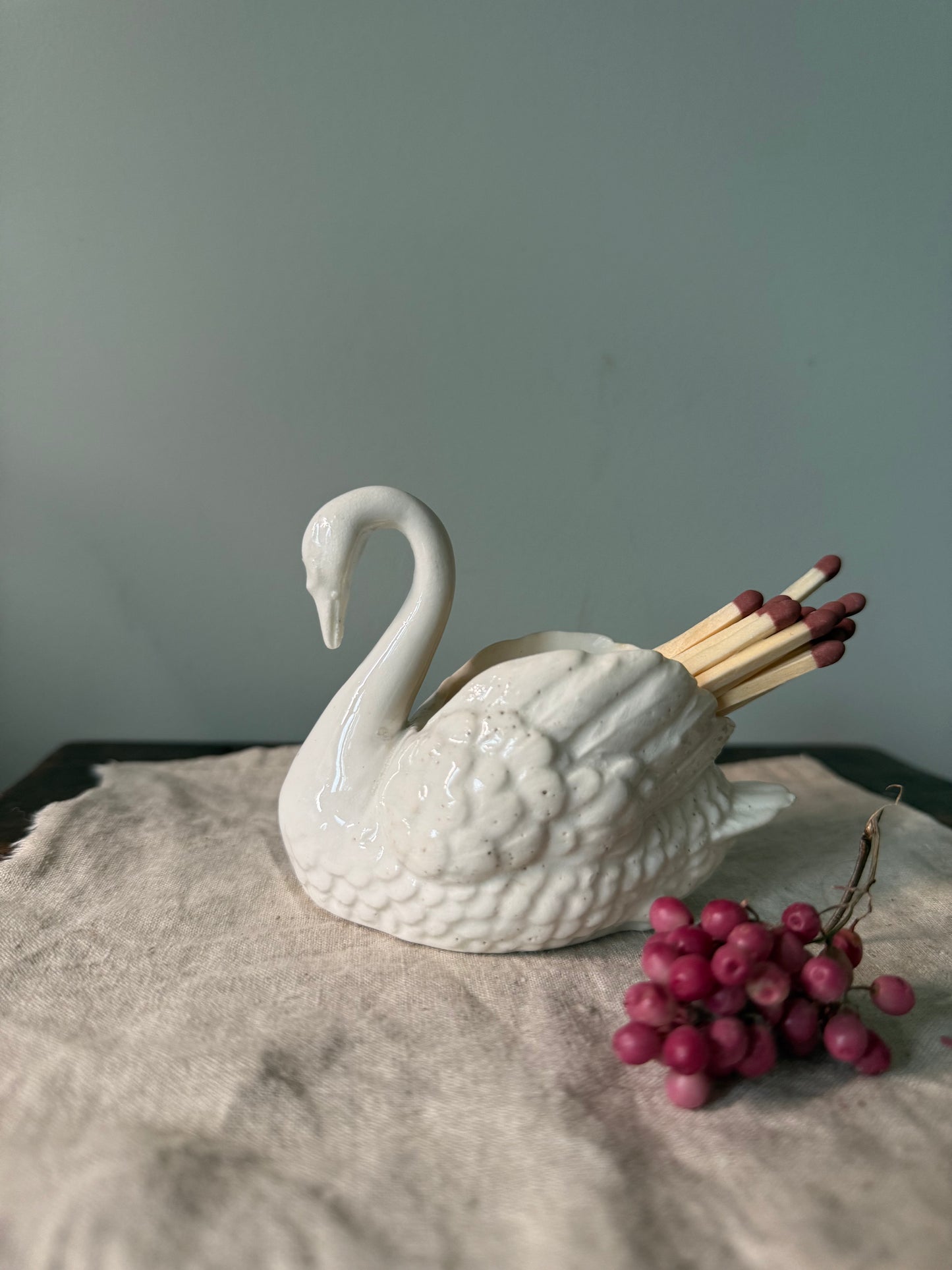 White Ceramic Swan Match Holder