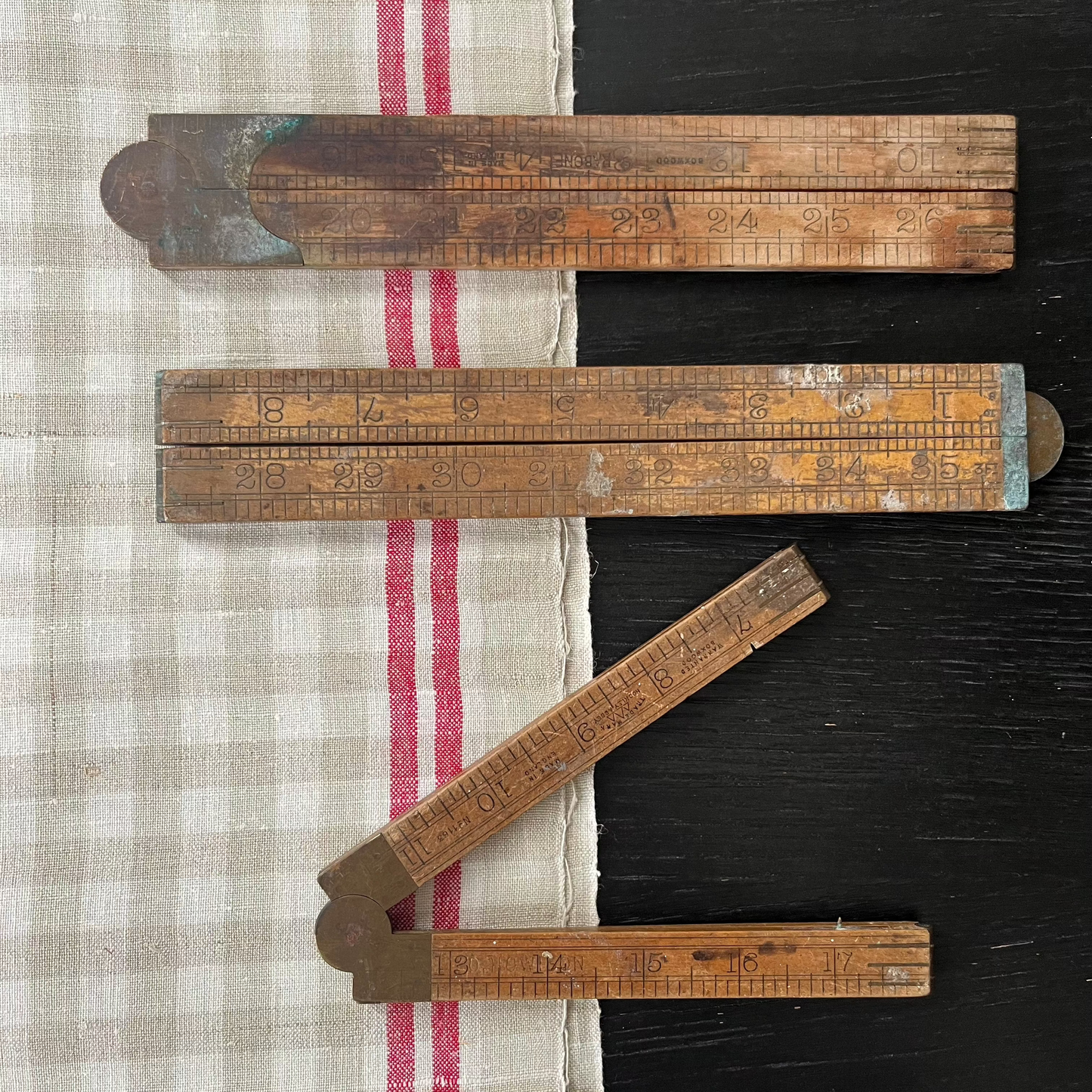 Vintage English Boxwood Rulers with Brass Lever Joints (c. 1930)