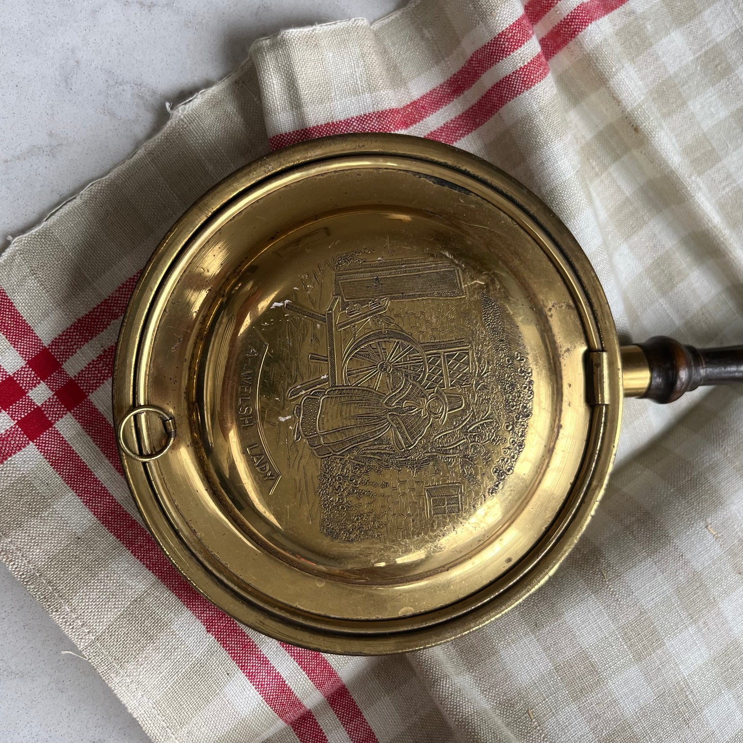 Antique Brass Warming Pan with Welsh Woman Design – Ready to Hang