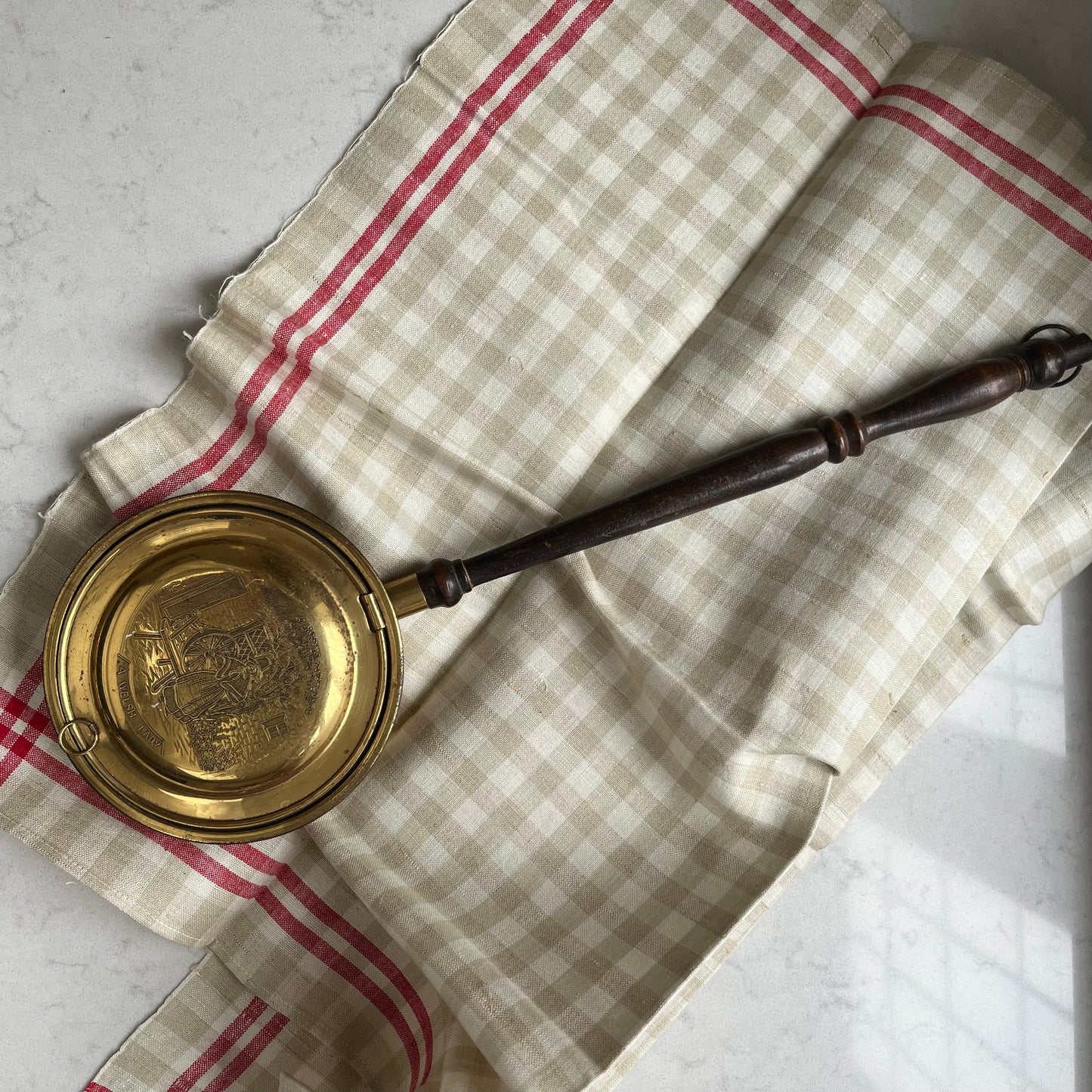 Antique Brass Warming Pan with Welsh Woman Design – Ready to Hang