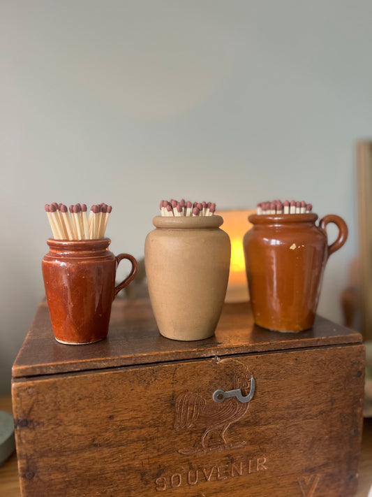 Large Brown Match Striker Pot with Matches