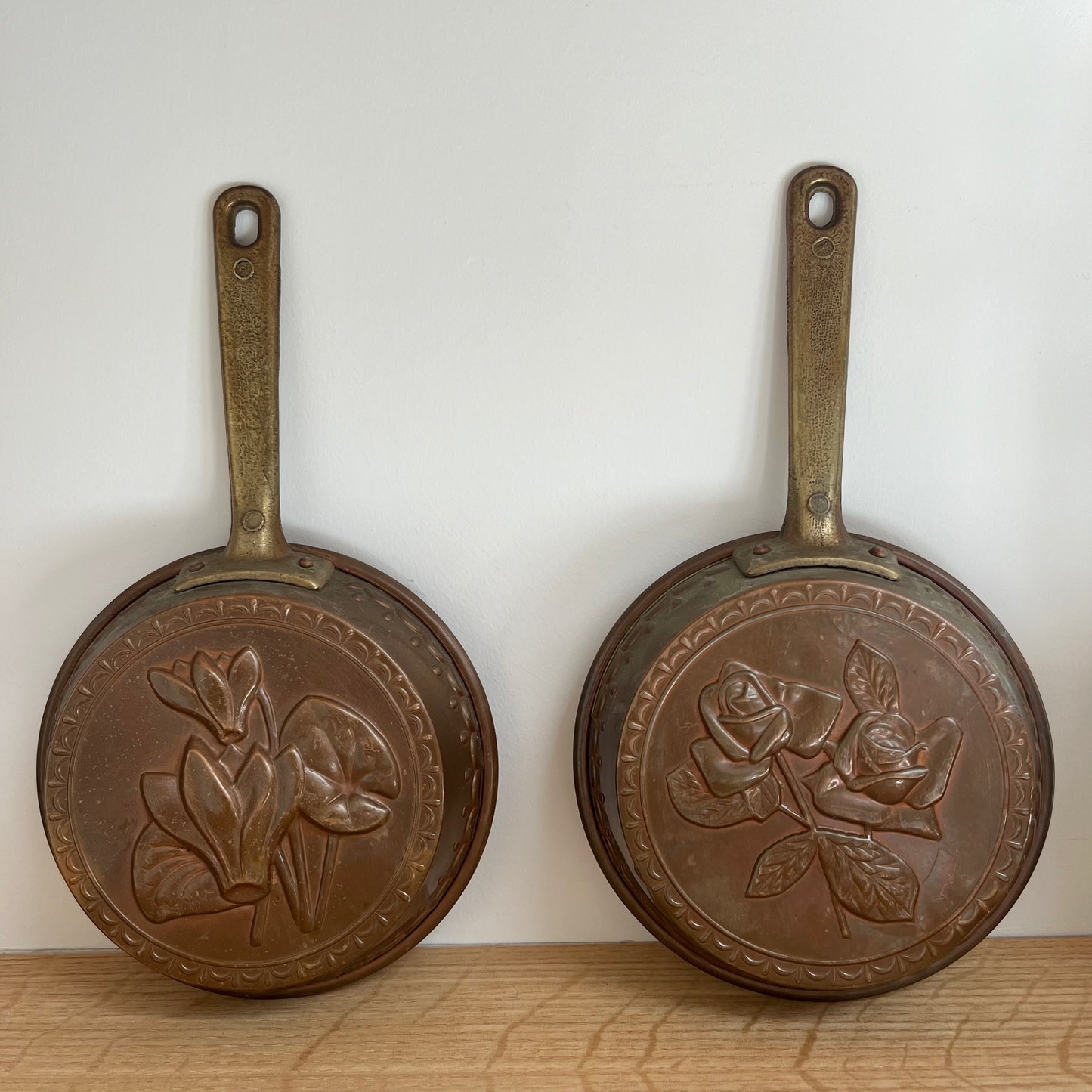 Copper & Brass Hanging Pans with Floral Detail