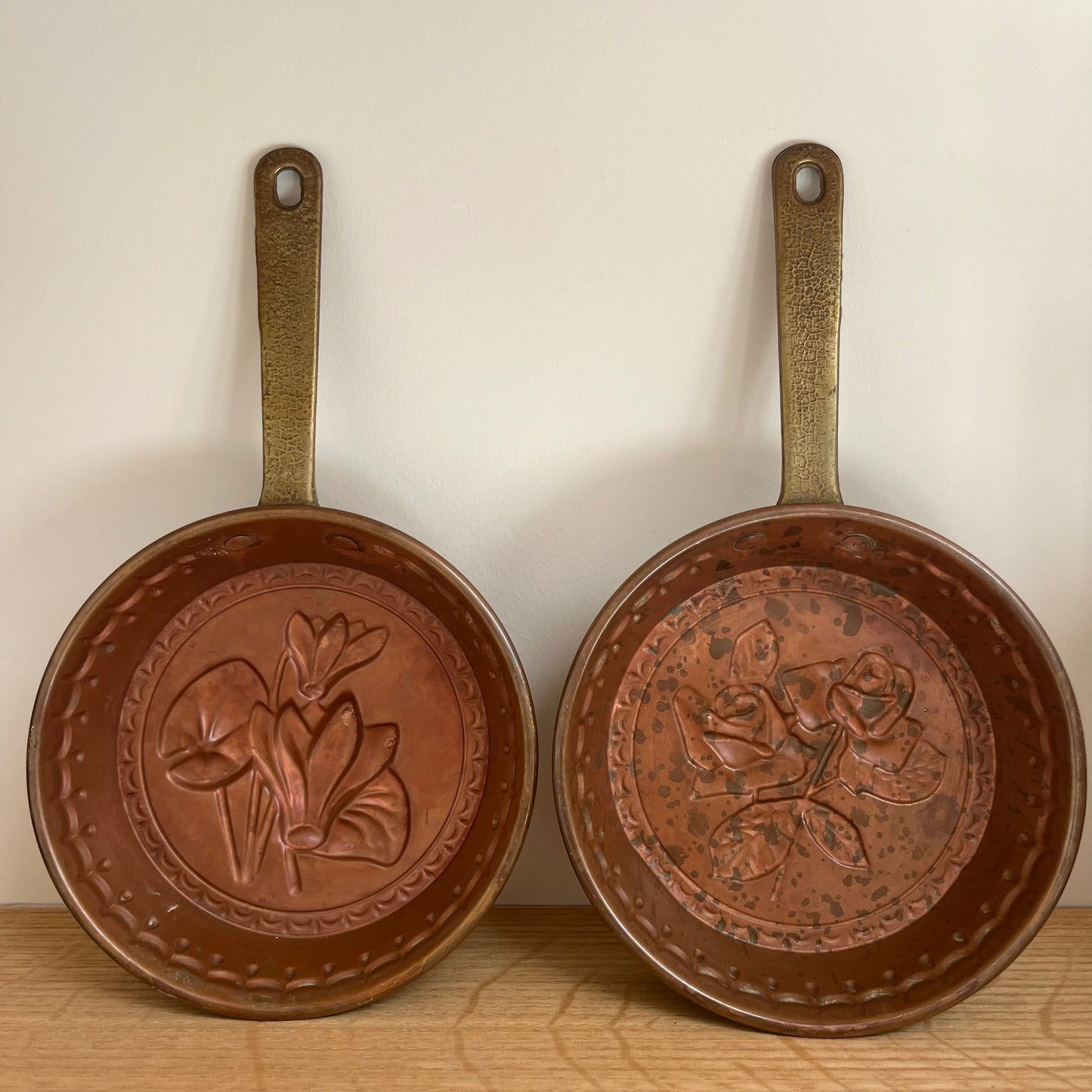 Copper & Brass Hanging Pans with Floral Detail