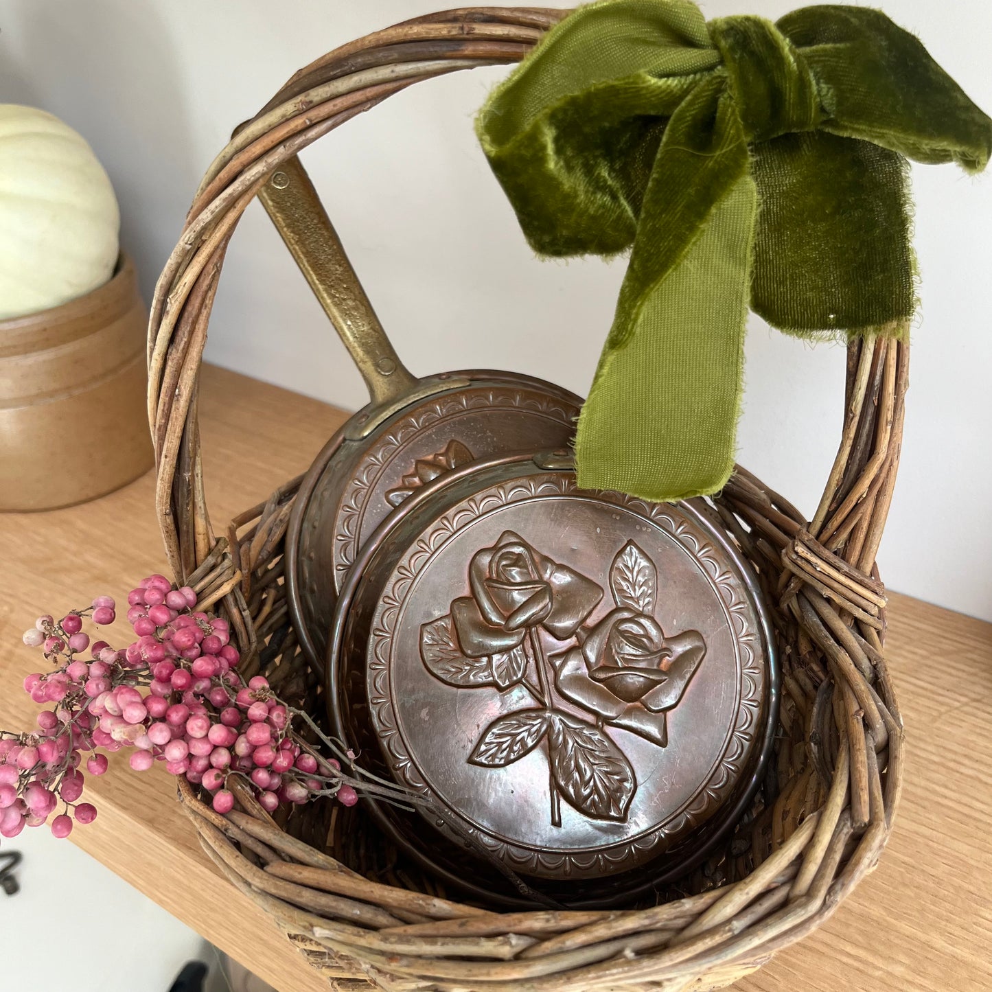 Copper & Brass Hanging Pans with Floral Detail